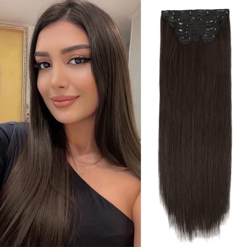 WECAN Clip in Hair Extension 22 Inch Dark Brown Natural Long Straight Hairpieces for Women 6PCS Thick Synthetic Fiber Double Weft Hair Full Head